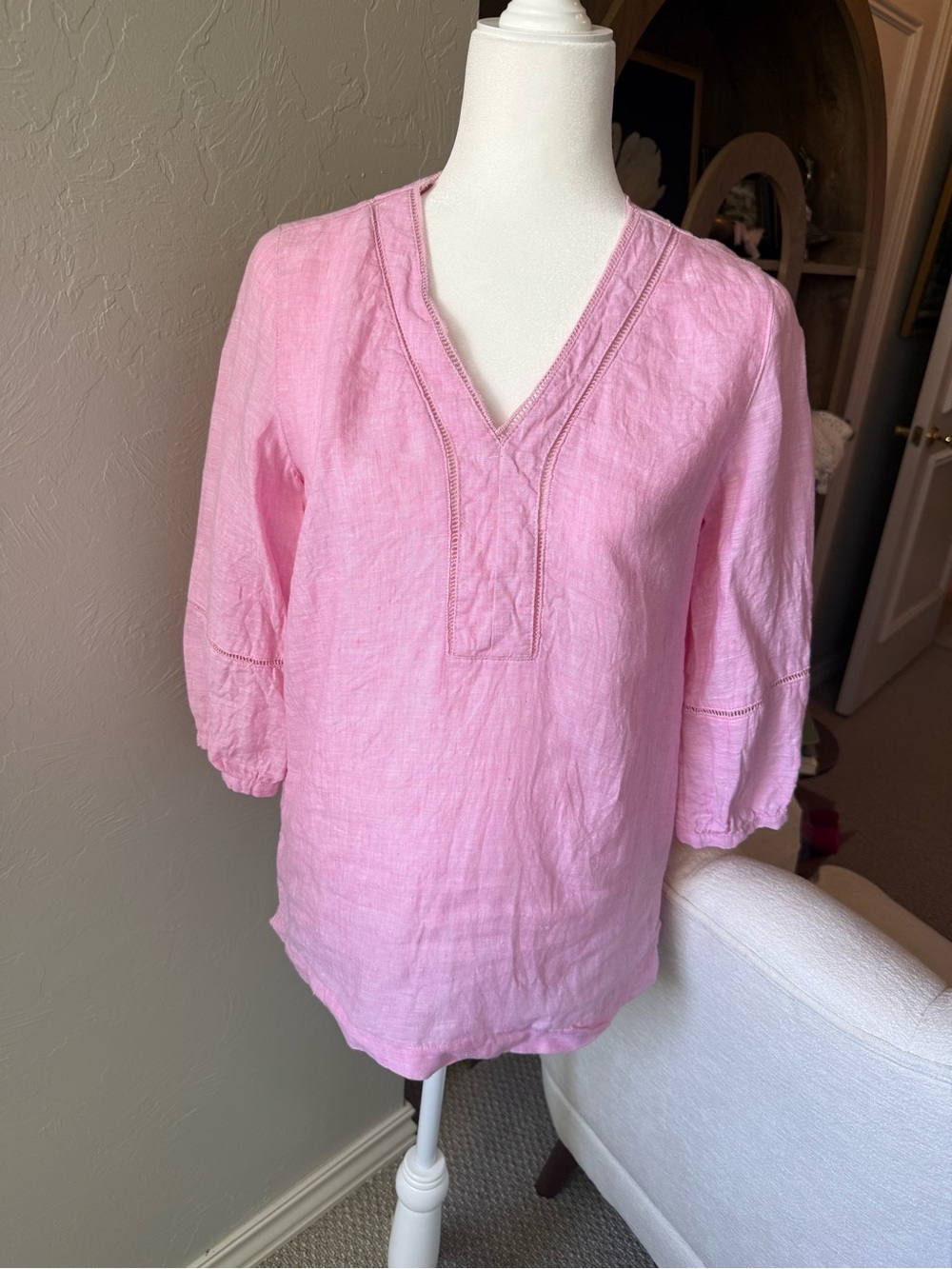 Joie 100% Linen Pink V Neck Top 3/4 Sleeve Blouse